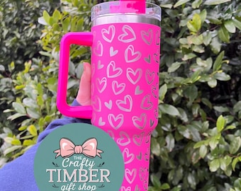 40oz Hearts Tumbler- Valentine's Day Tumbler- Laser Engraved Tumbler With Handle
