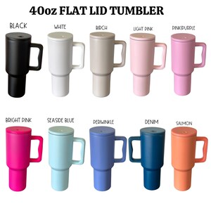 May include: A set of 10 stainless steel tumblers with flat lids. The tumblers are available in a variety of colors, including black, white, birch, light pink, pink/purple, bright pink, seaside blue, periwinkle, denim, and salmon. Each tumbler has a handle and is 40 ounces.