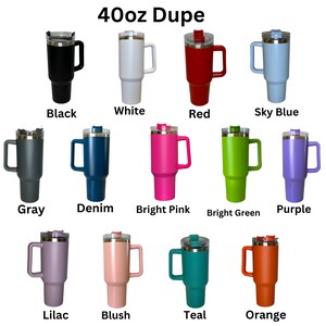 May include: A set of 14 40oz tumblers in various colors, including black, white, red, sky blue, gray, denim, bright pink, bright green, purple, lilac, blush, teal, and orange. Each tumbler has a stainless steel lid and a handle.
