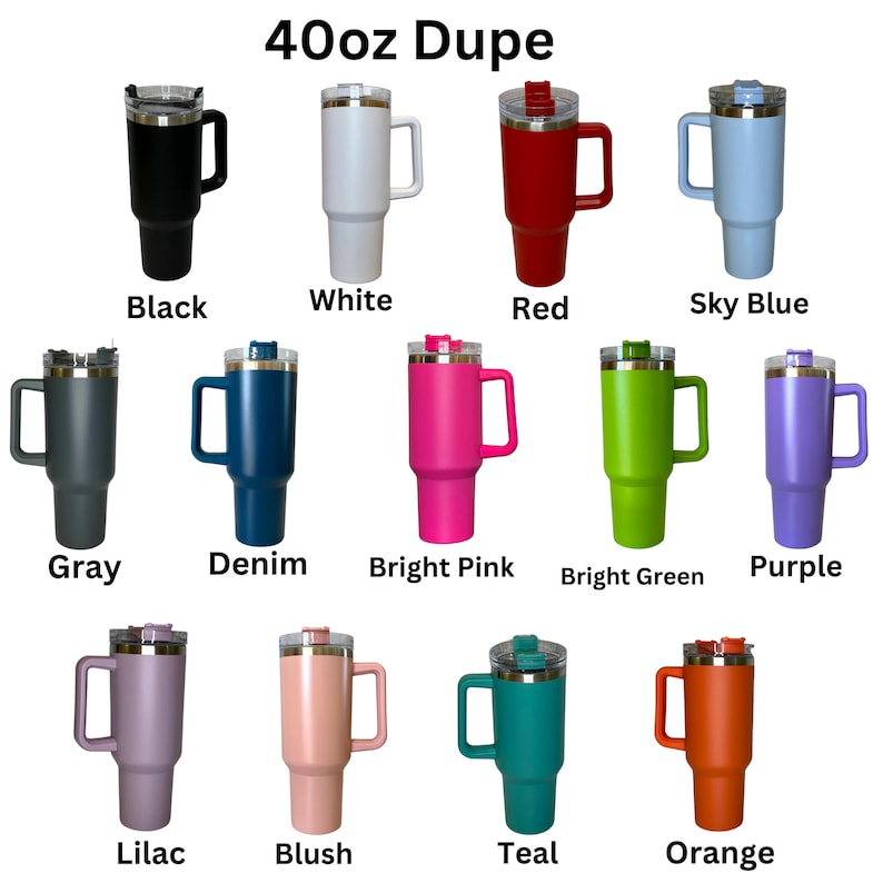 May include: A set of 14 40oz tumblers in various colors, including black, white, red, sky blue, gray, denim, bright pink, bright green, purple, lilac, blush, teal, and orange. Each tumbler has a stainless steel lid and a handle.