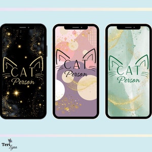 Smart Phone Wallpaper, Cat Person Decorative Phone Wallpaper, Set of 5 Designs, Glitter Designs, Gold Designs, Cute Phone Wallpaper