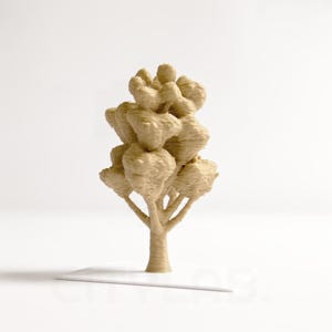 Può includere: Modello di albero beige stampato in 3D con superficie strutturata. L'albero ha un tronco sottile e diversi rami che sostengono una chioma densa e arrotondata. Il modello è ambientato su sfondo bianco.
