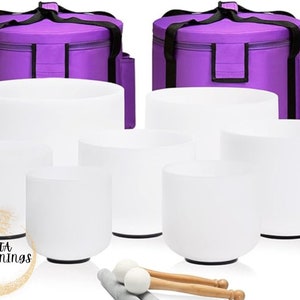 440HZ 6-12 inch Set of 7 Frosted Chakra Quartz Crystal Singing Bowls For Sound Healing with Heavy Duty Carrying Cases