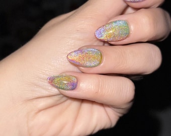 Uñas postizas holográficas con degradado de arcoíris: Juego de galaxia magnética personalizado