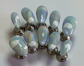 Uñas postizas holográficas de nube arcoíris: set personalizado hecho a mano