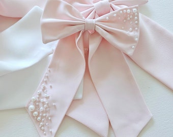 Large Pearl Beaded Pink Satin Bow