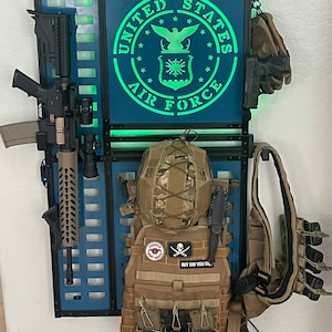 Gear/gun wall 8+ DESIGNS!- Firearm Display for Home Defense - Customizable Wall Mount with custom insignias available