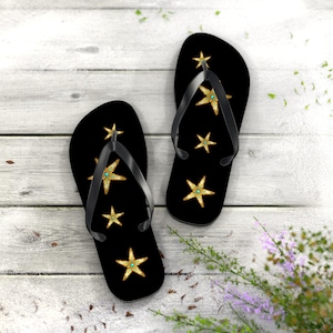 Gold Starfish Flip Flops - Beach Sandals, Summer Footwear, Ocean Lover Shoes, Coastal Flip Flops, Beach Vacation Wear