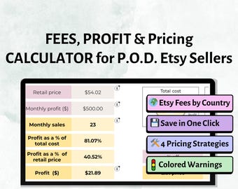 Etsy-Gebühren-, Gewinn- und Preisrechner – P.O.D. Preistabelle mit Etsy-Gebühren und Printify-Versandkosten. Etsy-Gebührenrechner
