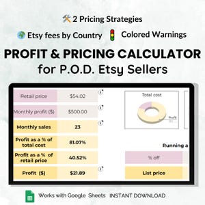 Profit ,Pricing  and Etsy Fees Calculator - P.O.D. Pricing Spreadsheet with Etsy Fees & Printify Shipping Costs. Basic Version
