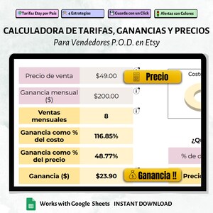 May include: A spreadsheet calculator for Etsy sellers to calculate pricing, profit, and cost. The spreadsheet shows a price of $49.00, a monthly profit of $200.00, and a profit of $23.90. The spreadsheet is labeled "Calculator for Tariffs, Profits and Prices for P.O.D. Sellers on Etsy".