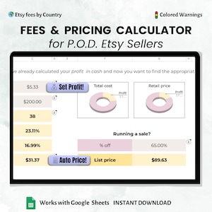 Könnte beinhalten: Ein digitaler Bildschirm zeigt einen Preisrechner für Etsy-Verkäufer. Der Bildschirm zeigt Datenfelder, Diagramme und Schaltflächen mit der Aufschrift "Set Profit!" und "Auto Price!". Der Text oben lautet "Fees & Pricing Calculator for P.O.D. Etsy Sellers."