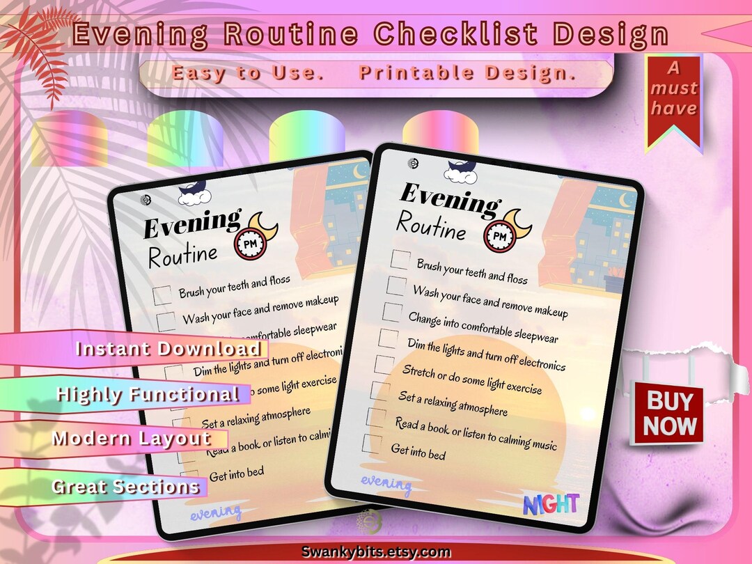Evening Routine Fillable Evening Routine Checklist – Printable Night Planner, Self-care ...