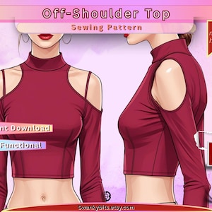 Può includere: Un modello di cucito per top con spalle scoperte bordeaux. Il top a maniche lunghe presenta un collo alto e un design con spalle scoperte. L'immagine include il testo "Off-Shoulder Top" e "Sewing Pattern". Il testo aggiuntivo include "Instant Download", "Highly Functional" e "Buy Now".