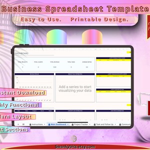 May include: A digital business spreadsheet template displayed on a tablet. The template includes sections for project tracking, revenue, and client data. Text on the image includes "Instant Download", "Highly Functional", and "Modern Layout". The background is pink with palm leaves.