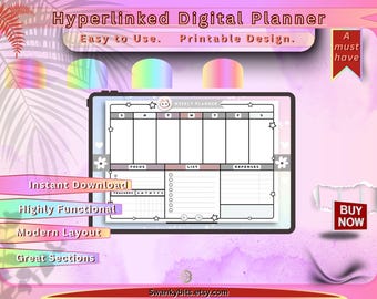 Może przedstawiać: Cyfrowy planer tygodniowy z sekcjami na fokus, listę i wydatki. Projekt zawiera tekst "Hyperlinked Digital Planner" i "Easy to Use. Printable Design." Tło jest różowe z elementami dekoracyjnymi.