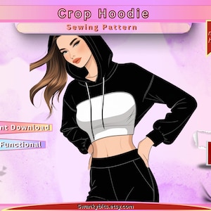 Puede incluir: Ilustración de un patrón de costura de sudadera con capucha corta en blanco y negro. La imagen incluye el texto "Crop Hoodie Sewing Pattern", "Descarga instantánea" y "Altamente funcional". También es visible un botón "Comprar ahora".