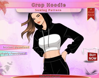 Mönster för kort hoodie i PDF-format – Trendig kort hoodie för kvinnor, enkelt gör-det-själv-mönster för streetwear och vardagskläder