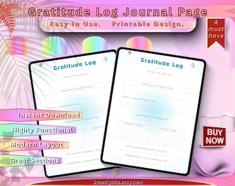 Gratitude Log Printable Sheet – Daily Reflection, Mindfulness & Self-Care Journal in Minimalist JPG Design
