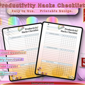Puede incluir: Dos listas de verificación digitales tituladas "Productivity Hacks Checklist" con secciones para los hábitos de la mañana, la tarde y la noche. El diseño incluye el texto "Easy to Use. Printable Design." y "Instant Download." Se ve un botón "Buy Now".