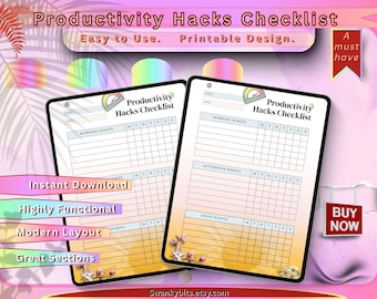 Productivity Hacks Checklist – Printable Daily Efficiency Guide, Time Management Tips & Focus Planner in Minimalist JPG Format