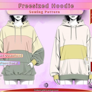Peut inclure: Illustration de deux sweats à capuche. Les sweats à capuche sont colorés avec du crème, du rose, du jaune et du gris. Le texte "Freesized Hoodie Sewing Pattern" est en haut. Le texte "Instant Download" et "Highly Functional" sont également visibles.