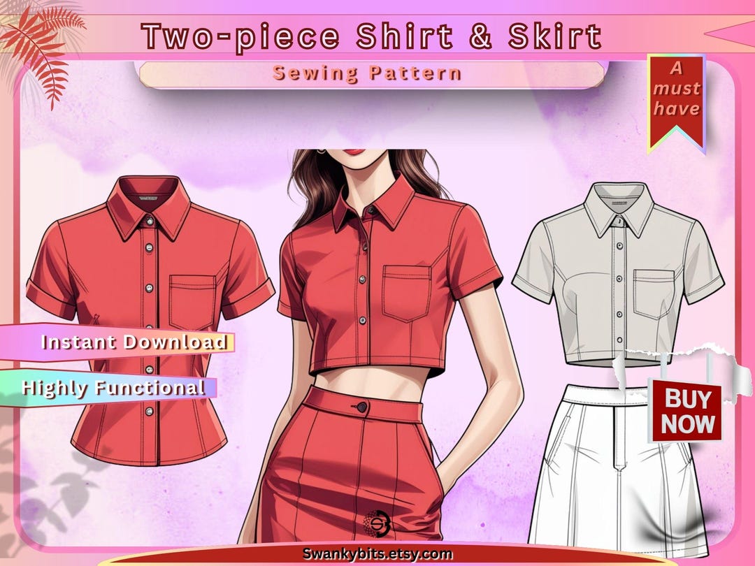 Two-piece Shirt & Mini Skirt Sewing Pattern PDF – Stylish Women’s Co ...