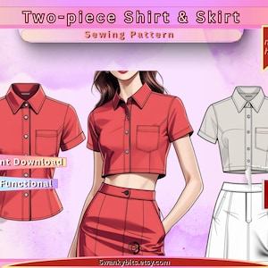 Op de afbeelding: Illustratie van een tweedelig shirt- en rokpatroon. De afbeelding toont een rood shirt met korte mouwen en een rok, een vrouw die de outfit draagt, en een grijs shirt en rok. Tekst bevat "Two-piece Shirt & Skirt", "Sewing Pattern", "Instant Download" en "Highly Functional".