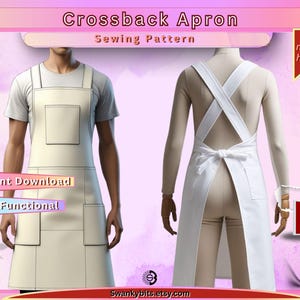 May include: Cream-colored crossback apron sewing pattern. The apron features a front pocket and a crossback design with a bow at the back. The text "Crossback Apron" and "Sewing Pattern" are displayed at the top. The words "Instant Download" and "Highly Functional" are also visible.