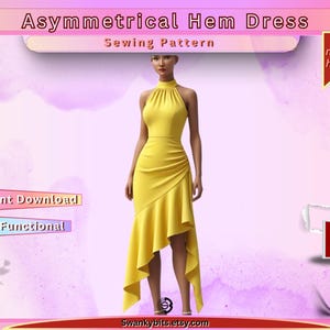 May include: A yellow asymmetrical hem dress sewing pattern. The dress features a halter neckline and a flowing, asymmetrical hemline. The image includes text that says "Instant Download" and "Highly Functional".