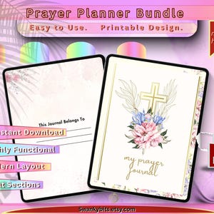 Könnte beinhalten: Ein digitales Gebetsplaner-Bundle mit floralem Kreuzdesign. Das Cover zeigt ein goldenes Kreuz, Blumen und die Worte "my prayer journal". Der Planer enthält Abschnitte für Notizen und ist mit "Instant Download" gekennzeichnet. Der Hintergrund ist rosa mit Palmenblättern.