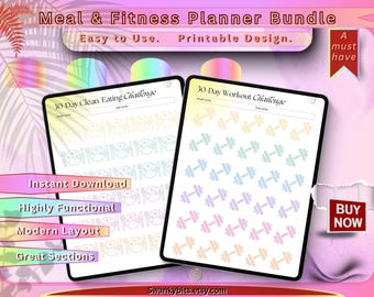 May include: A digital Meal & Fitness Planner Bundle with a pink and pastel color scheme. The bundle includes a 30-day clean eating challenge and a 30-day workout challenge. The text includes "Easy to Use. Printable Design."
