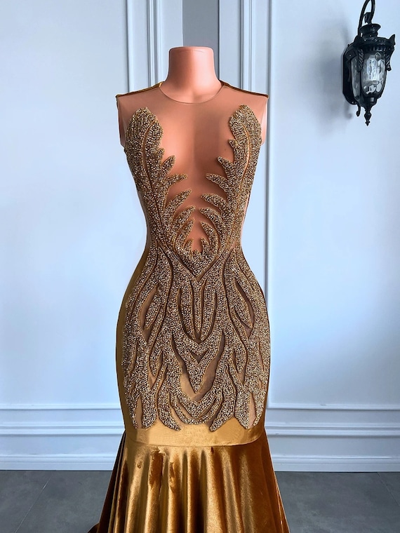 Gold applique prom dress online