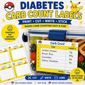Type 1 Diabetes Carb Guide Printable T1D Kids Meal, Diabetes Carb Count, School Diabetes Lunch Labels, T1D Labels, Carb Sheet for Diabetics