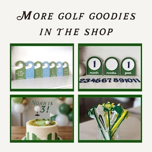 May include: A collage of golf-themed party supplies including blue and green closet dividers, arched milestone markers with golf ball textures, a cake topper reading 'Noah is 3!' on a decorated cake, and green and yellow golf-themed drink stirrers.