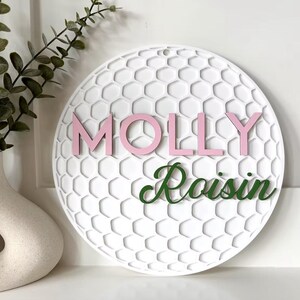 May include: White round wall decor with a honeycomb pattern and the name "MOLLY" in pink letters and "Roisin" in green script. A decorative vase with greenery is to the left.