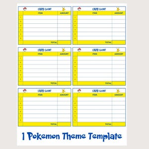 May include: A white sheet featuring six yellow-bordered templates for tracking carbohydrate intake. Each template includes sections for item and amount, with a Pikachu graphic and the text "CARB COUNT". The bottom reads "1 Pokemon Theme Template".