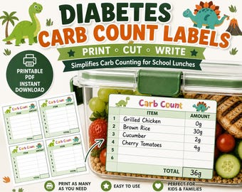 Type 1 Diabetes Carb Guide Printable T1D Kids Meal, Diabetes Carb Count, School Diabetes Lunch Labels, T1D Labels, Carb Sheet for Diabetics
