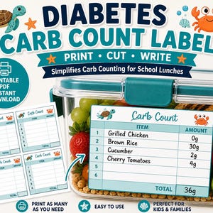 Type 1 Diabetes Carb Guide Printable T1D Kids Meal, Diabetes Carb Count, School Diabetes Lunch Labels, T1D Labels, Carb Sheet for Diabetics