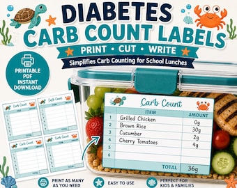 Type 1 Diabetes Carb Guide Printable T1D Kids Meal, Diabetes Carb Count, School Diabetes Lunch Labels, T1D Labels, Carb Sheet for Diabetics