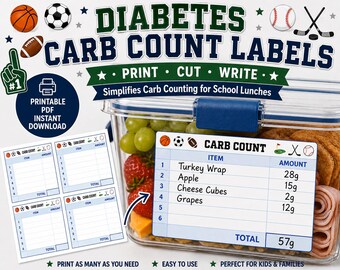 Type 1 Diabetes Carb Guide Printable T1D Kids Meal, Diabetes Carb Count, School Diabetes Lunch Labels, T1D Diabetic Carb Count Lunch Note