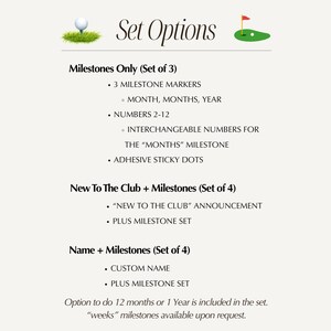 May include: A golf-themed milestone set options list featuring a white golf ball on a tee and a green putting hole. The text details three sets: Milestones Only with 3 markers, New To The Club plus milestones, and Name plus milestones set.