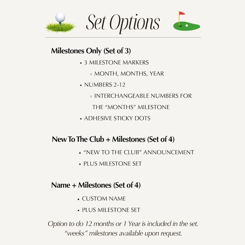 May include: A golf-themed milestone set options list featuring a white golf ball on a tee and a green putting hole. The text details three sets: Milestones Only with 3 markers, New To The Club plus milestones, and Name plus milestones set.