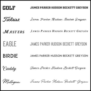 May include: A black and white graphic display featuring seven rows of text. Each row shows a golf-related term on the left, including GOLF, Titleist, MASTERS, EAGLE, BIRDIE, Caddy, and Mulligan, paired with the name James Parker Hudson Beckett Greyson.