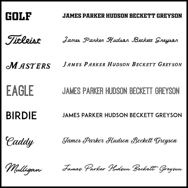 May include: A black and white graphic display featuring seven rows of text. Each row shows a golf-related term on the left, including GOLF, Titleist, MASTERS, EAGLE, BIRDIE, Caddy, and Mulligan, paired with the name James Parker Hudson Beckett Greyson.