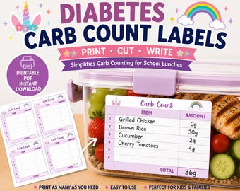Type 1 Diabetes Carb Guide Printable T1D Kids Meal, Diabetes Carb Count, School Diabetes Lunch Labels, T1D Labels, Carb Sheet for Diabetics