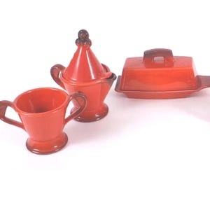 Vintage Metlox Poppytrail Flamenco Red Creamer, Sugar Bowl & Butter Dish Set