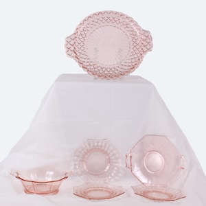 Vintage Pink Depression Glass Dishes, incl. 1 Anchor Hocking 12&quot; serving tray, one 8.25&quot; serving plate, one 7&quot; candy dish & three 6&quot; plates