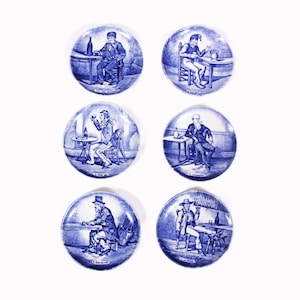 Set of 6 Small Royal Sphinx Holland Plates by Boch Holland. Blue Delft patterns include various saloon scenes of men at tables. 4-3/8&quot; diam.