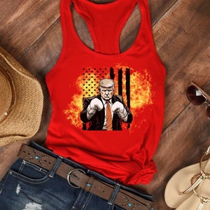Trump Boxing Flames Racerback Tank Top: American Flag Women&#39;s Design